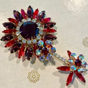 Juliana D&E Ruby Red & Burgundy Floral Rhinestone Brooch
